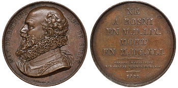 Франция медаль 1822 Максимильен де Бетюн Сюлли, глава правительства, 38,59 гр, 40,5 мм бронза 11-203-43