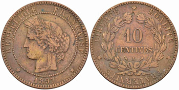 ФРАНЦИЯ 10 САНТИМОВ 1897 A, ТРЕТЬЯ РЕСПУБЛИКА (1871-1940) KM 815.1, LA FRANC 135.44 бронза 82-1225
