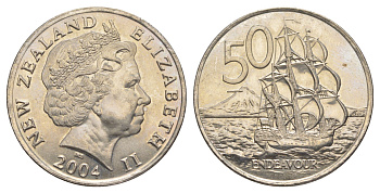 Новая Зеландия 50 центов 2004 Елизавета II (1952-2022), парусник Индевор KM 119 медно-никель UNC 4179-141