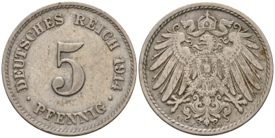Германия 5 пфеннигов 1914 J KM 11, J. 12 медно-никель 4151-554