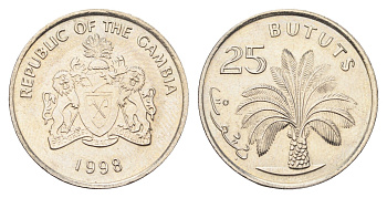 Гамбия 25 бутутов 1998 год-тип KM 57 медно-никель UNC 4666-455