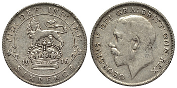 Великобритания 6 пенсов 1916 Георг V (1910-1936) KM 815, Spink 4014 серебро 4538-1251