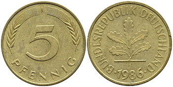 ФРГ 5 ПФЕННИГОВ 1986 J KM 107, J. 382 сталь плакированная латунью 4392-1045