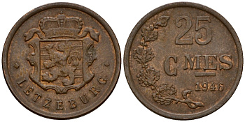 Люксембург 25 сантимов 1946 Шарлотта (1918-1964) KM 45 бронза 4532-221