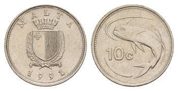 Мальта 10 центов 1991 золотая макрель KM 96 медно-никель aUNC 4632-863