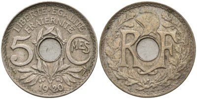 Франция 5 сантимов 1920 KM 865 медно-никель 4596-447