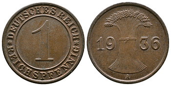 Германия 1 рейхспфенниг 1936 A KM 37, J. 313 бронза 220-144