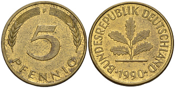 ФРГ 5 пфеннигов 1990 F KM 107, J.382 сталь плакированная латунью 4174-1111