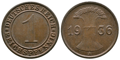 Германия 1 рейхспфенниг 1936 A KM 37, J. 313 бронза 220-144