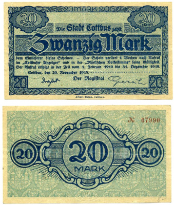 КОТБУС 20 марок 1919 20 ноября 1918 - 31 декабря 1919, нотгельд, земля БрандЕНБУРГ Geiger 085.03 бумага 2193-32-1-2