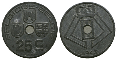 Бельгия 25 сантимов 1943 Belgique - Belgie, немецкая оккупация KM 131 цинк 259-955