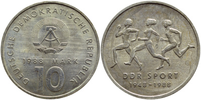 ГДР 10 марок 1988 A, 40 лет союзу физкультуры и спорта ГДР KM 125, J. 1623 медно-никель UNC 4394-1233