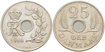 ДАНИЯ 25 ЭРЕ 1966 С; S, ФРЕДЕРИК IX (1947-1972) KM 855.1 медно-никель 67-1252
