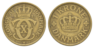 Дания 1 крона 1925 HCN, Кристиан X (1912-1947) KM 824 алюминиевая бронза 4657-332