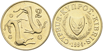 Кипр 2 цента 1994 KM 54.3 никель латунь 4174-1269