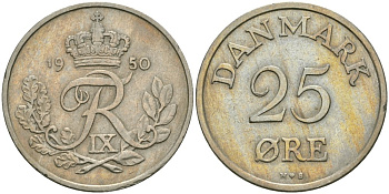 Дания 25 эре 1950 N,S, Фредерик IX (1947-1972) KM 842.1 медно-никель 4579-257