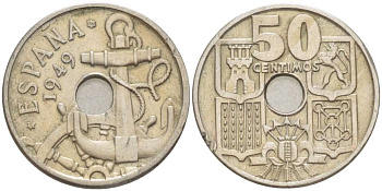 Испания 50 сентимо 1949 (56) Франко (1939-1975), морская атрибутика KM 777 медно-никель 4519-855