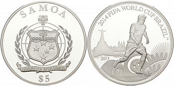 Самоа 5 долларов 2013 FIFA, Чемпионат мира по футболу в Бразилии 2014 KM NEW серебро PROOF 02-104-21