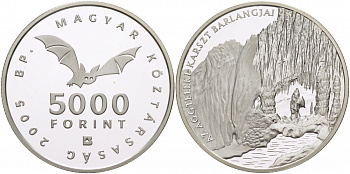 Венгрия 5000 форинтов 2005 карстовые пещеры, тираж 5000 экземпляров KM 782 серебро PROOF 04-093-22