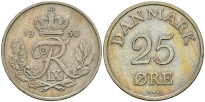 Дания 25 эре 1950 N,S, Фредерик IX (1947-1972) KM 842.1 медно-никель 4579-257