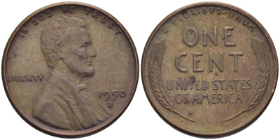 США 1 ЦЕНТ 1950 D, ЛИНКОЛЬН KM А132 медь цинк 26-1063