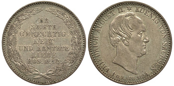 САКСОНИЯ 1/3 ТАЛЕРА 1854 F, НА СМЕРТЬ КОРОЛЯ ФРИДРИХА АВГУСТА II (1836-1854) KM 1179, J. 93 серебро UNC 413-5044