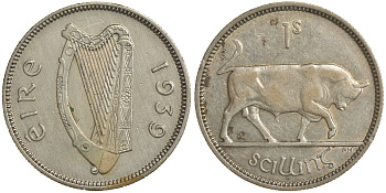 Ирландия 1 шиллинг 1939 бык KM 14 серебро 272-122