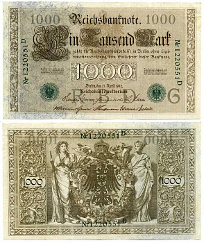 ГЕРМАНИЯ 1000 МАРОК 1910 21 АПРЕЛЯ 1910, ЗЕЛЁНАЯ ПЕЧАТЬ, СЕМИЗНАЧНЫЙ НОМЕР Pick 45b бумага 7198-32-2-1