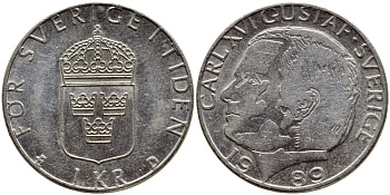 Швеция 1 крона 1989 Карл XVI Густав (1973- ) KM 852a медно-никель 4397-1242