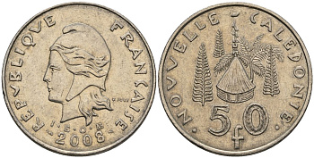 Французская Новая Каледония 50 франков 2008 хижина среди сосен и пальм, (IEOM) KM 13a, Schoen 15a, Lec 128i медно-никель 4111-334