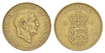 Дания 1 крона 1947 N, Кристиан X (1912-1947) KM 837 алюминиевая бронза 4654-742