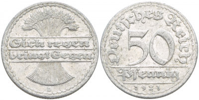 ГЕРМАНИЯ 50 ПФЕННИГОВ 1922 D KM 27, J. 301, Weege 10 алюминий 4539-746