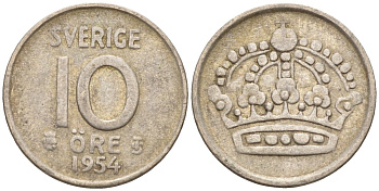 Швеция 10 эре 1954 Густав VI Адольф (1950-1973) KM 823 серебро 4147-867