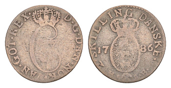 Норвегия 2 скиллинга 1786 HIAB, Кристиан VII (1766-1808) KM 255 серебро 413-2311