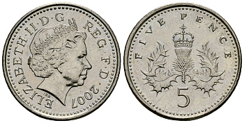 Великобритания 5 пенсов 2007 Елизавета II (1952-2022) KM 988, Spink 4670 (D5) медно-никель 4173-769