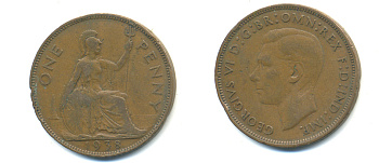 Великобритания 1 пенни 1938 Георг VI (1936-1952) KM 845, Spink 4114 бронза 89-142