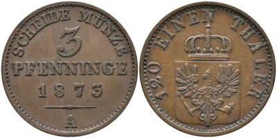 ПРУССИЯ 3 ПФЕННИГА 1873 А, ВИЛЬГЕЛЬМ I (1861-1888) KM 482 медь 4448-1144