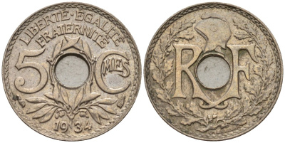 Франция 5 сантимов 1934 KM 875 медно-никель 4596-624