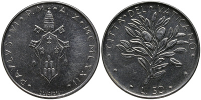 Ватикан 50 лир 1972 Павел VI (1963-1978) KM 121 нержавеющая сталь UNC 4175-313