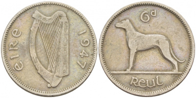 ИРЛАНДИЯ 6 ПЕНСОВ 1947 ИРЛАНДСКИЙ ВОЛКОДАВ KM 13а медно-никель 3457-1261