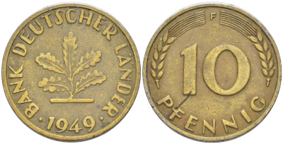 ФРГ 10 ПФЕННИГОВ 1949 F KM 103, J. 378 сталь плакированная латунью 4182-726