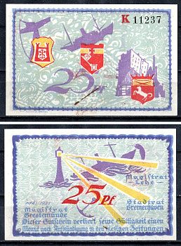 Бремерхафен, Леэ и Геестемюнде (Бремен) 25 пфеннигов 1921 Mehl Grabowski 184a.1 бумага UNC (пресс) 7555-52-2-1