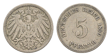 Германия 5 пфеннигов 1890 A, Вильгельм II (1888-1918) KM 11, J. 12 медно-никель 4639-1256