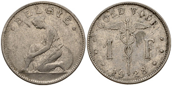 Бельгия 1 франк 1928 Belgie KM 90 никель 34-927
