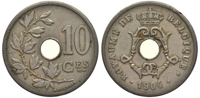 БЕЛЬГИЯ 10 САНТИМОВ 1904 BELGIQUE, ЛЕОПОЛЬД II (1865-1909) KM 52 медно-никель 27-915