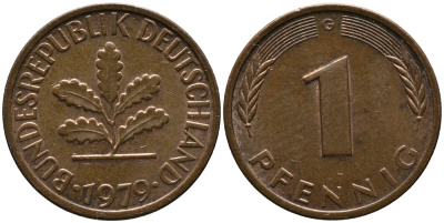 ФРГ 1 ПФЕННИГ 1979 G KM 105, J.380 сталь плакированная медью 96-1114