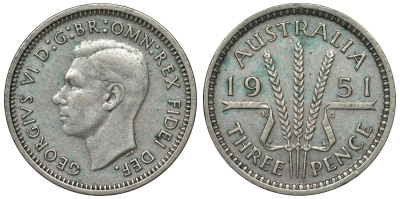 Австралия 3 пенса 1951 m, Георг VI (1937-1952), без букв KM 44 серебро 71-347
