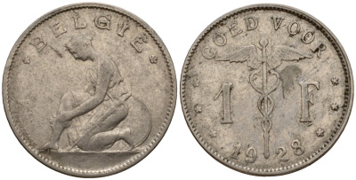Бельгия 1 франк 1928 Belgie KM 90 никель 34-927