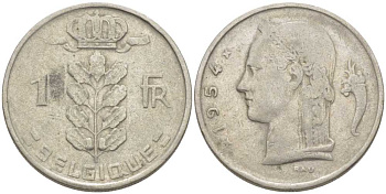 БЕЛЬГИЯ 1 ФРАНК 1954 BELGIQUE, БОДУЭН I (1951-1993) KM 142.1 медно-никель 119-442