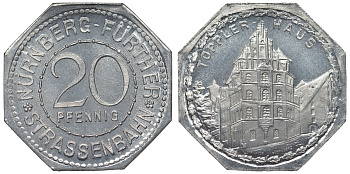 Германия, Нюрнберг - Фюрт 20 пфеннигов ND трамвайный жетон, дом Топплера алюминий UNC 4119-642